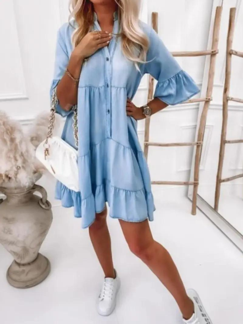 Denim Dress, Loose Fit, Half Sleeve, Ruffle Dress, Summer Dress-Fashion Nora