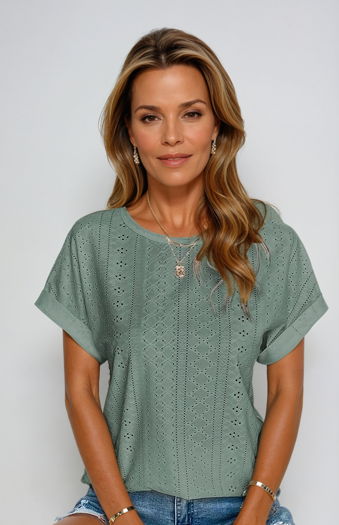 Eyelet Top - Loose Fit - Crew Neck - Short Sleeve Top - Women's Clothing-Fashion Nora