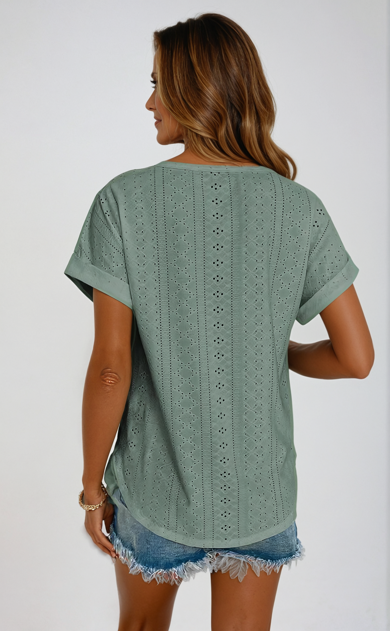 Eyelet Top - Loose Fit - Crew Neck - Short Sleeve Top - Women's Clothing-Fashion Nora