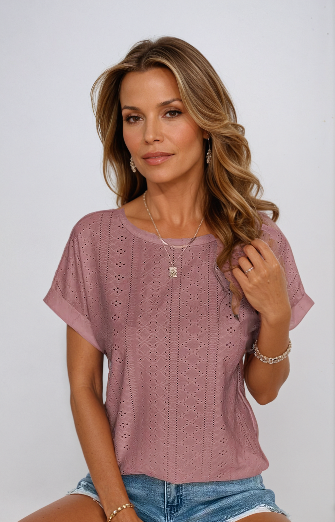 Eyelet Top - Loose Fit - Crew Neck - Short Sleeve Top - Women's Clothing-Fashion Nora