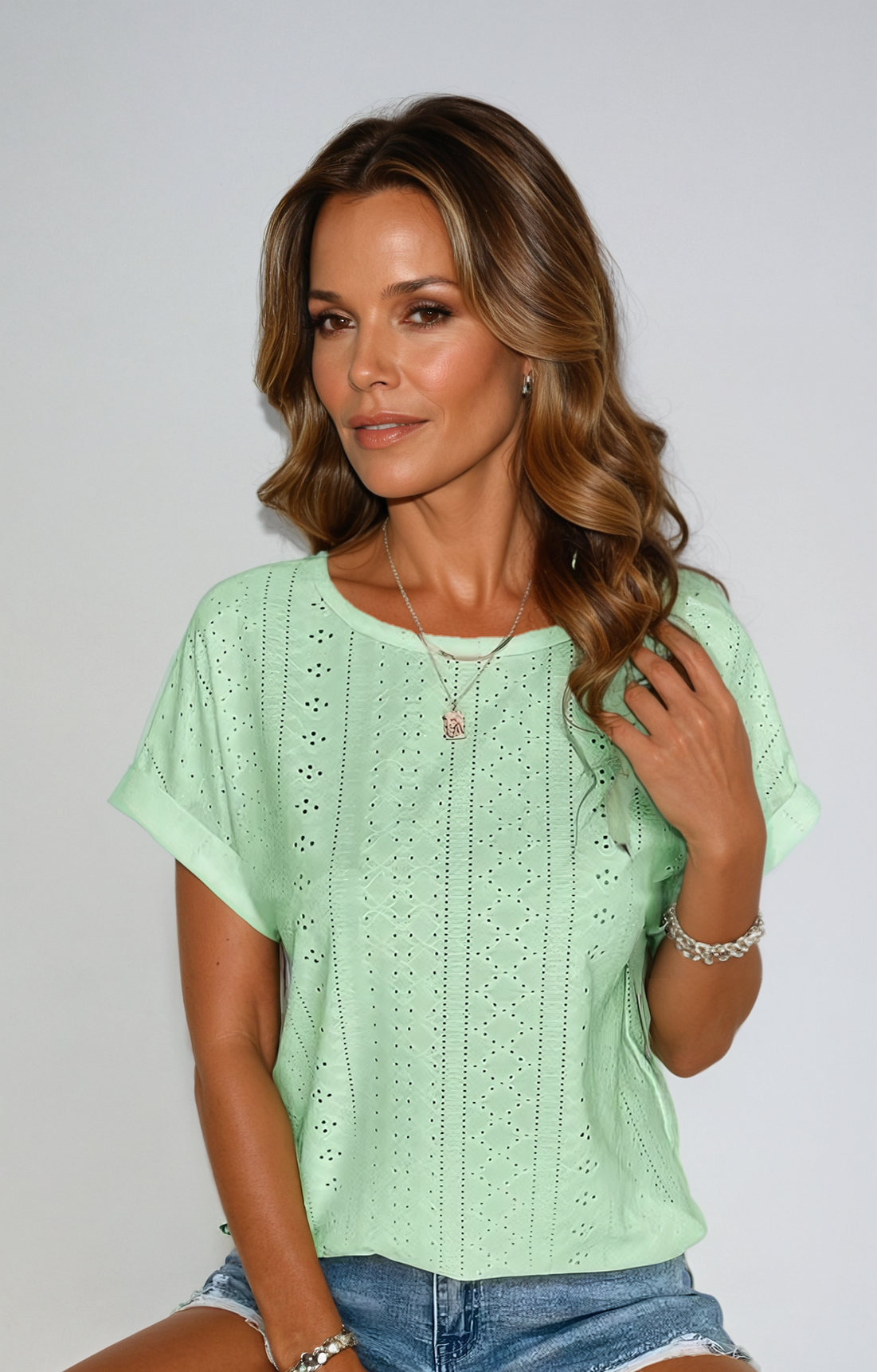 Eyelet Top - Loose Fit - Crew Neck - Short Sleeve Top - Women's Clothing-Fashion Nora