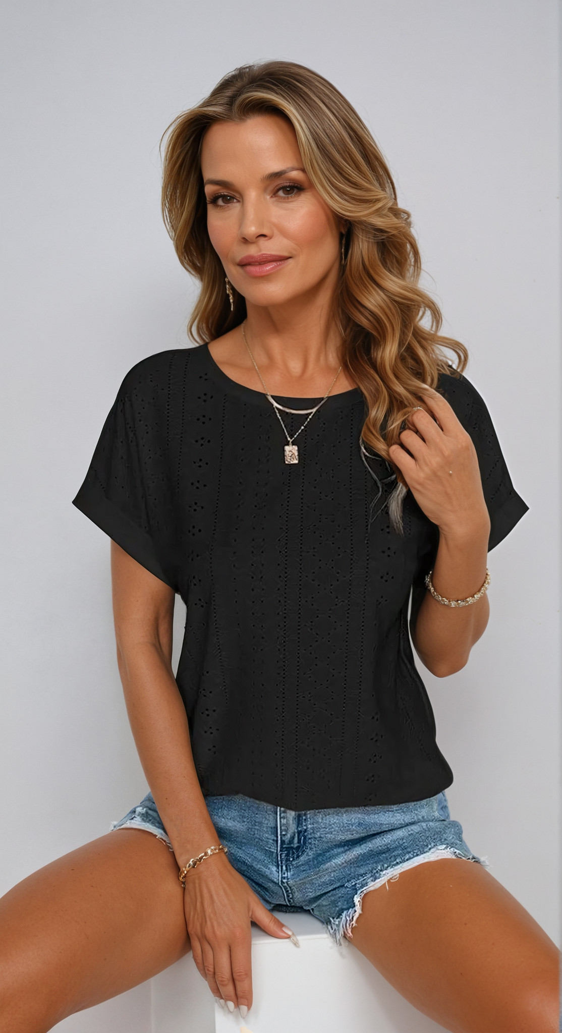 Eyelet Top - Loose Fit - Crew Neck - Short Sleeve Top - Women's Clothing-Fashion Nora