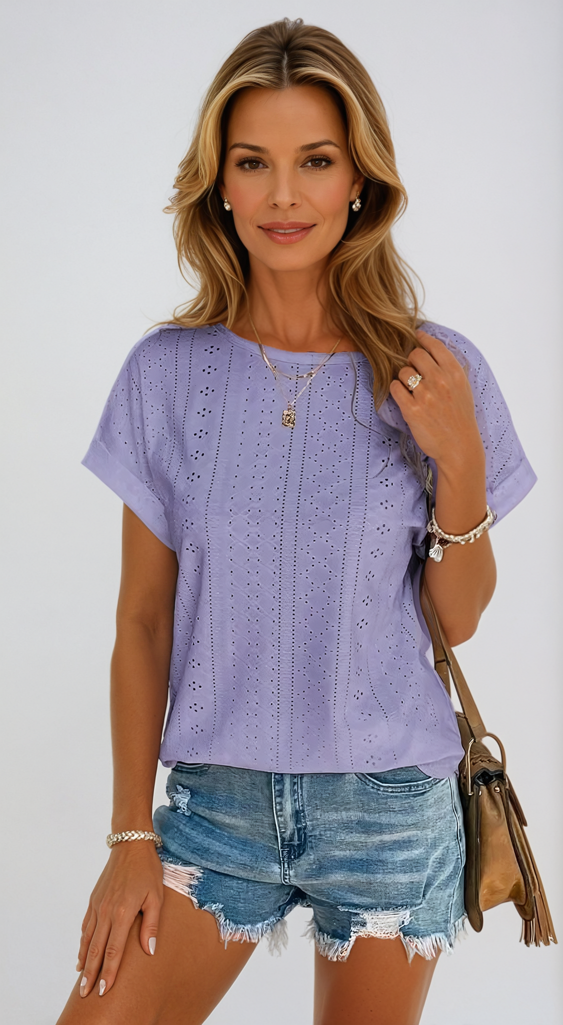 Eyelet Top - Loose Fit - Crew Neck - Short Sleeve Top - Women's Clothing-Fashion Nora