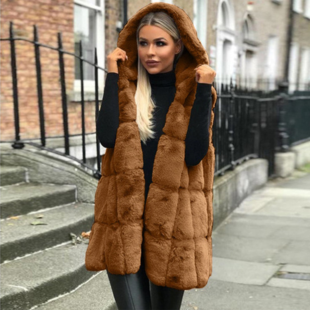 Faux Fur Gilet - Women's Hooded Sleeveless Winter Vest Bodywarmer-Fashion Nora