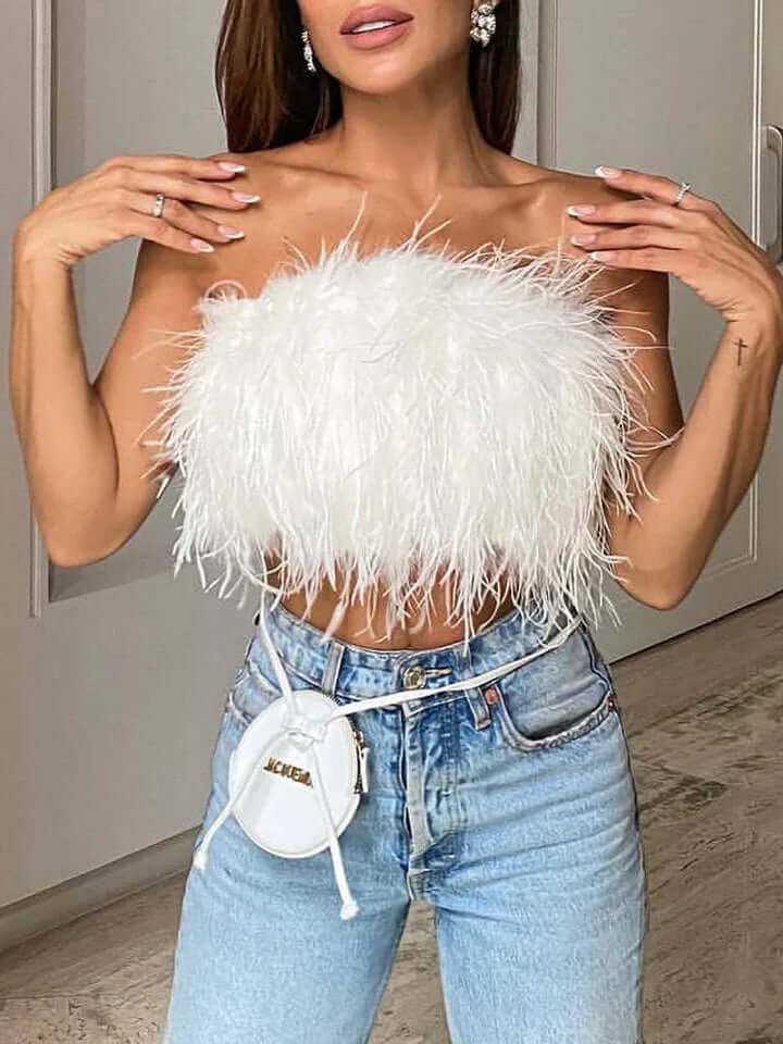 Feather Top - Bandeau - Party - Strapless Top - Crop Top-Fashion Nora