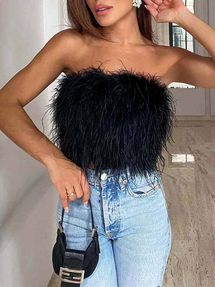 Feather Top - Bandeau - Party - Strapless Top - Crop Top-Fashion Nora