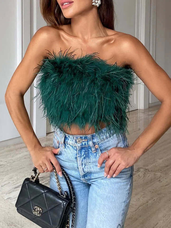Feather Top - Bandeau - Party - Strapless Top - Crop Top-Fashion Nora