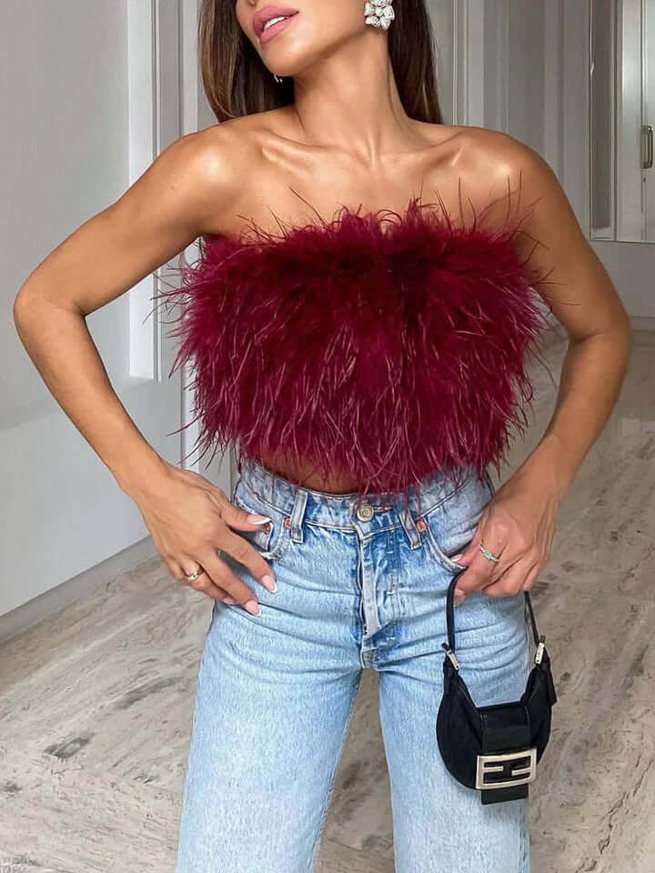 Feather Top - Bandeau - Party - Strapless Top - Crop Top-Fashion Nora