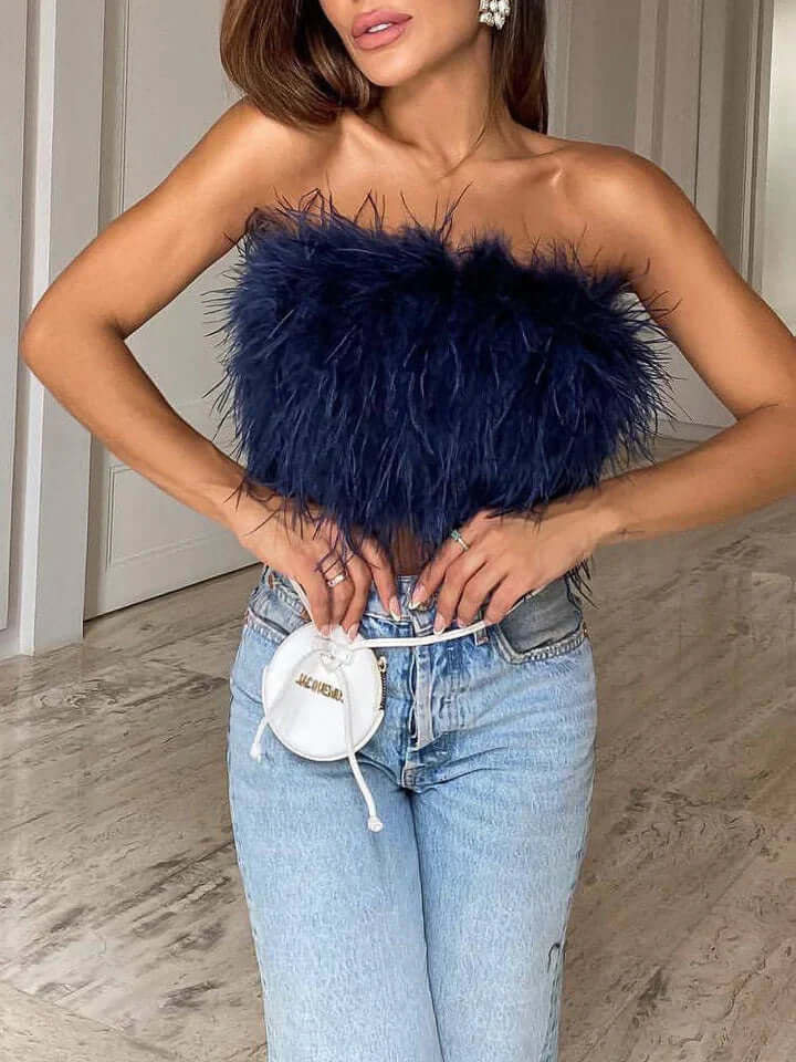 Feather Top - Bandeau - Party - Strapless Top - Crop Top-Fashion Nora