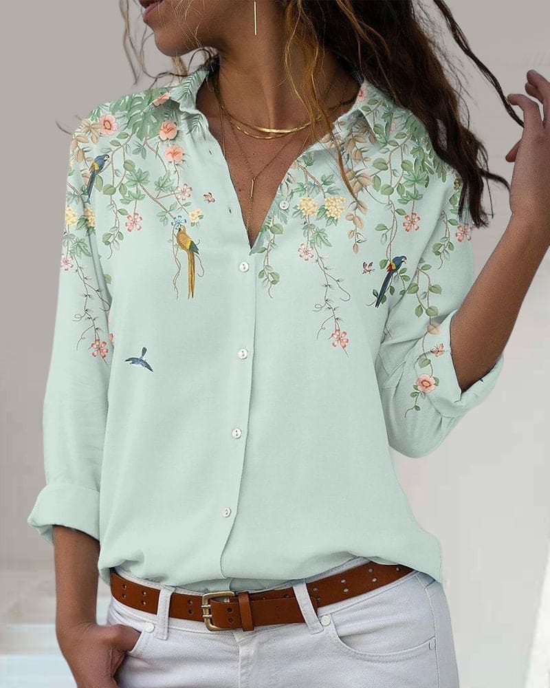 Floral Blouse - Long Sleeve - Collared - Button-Up Shirt - Women's Shirt-Fashion Nora