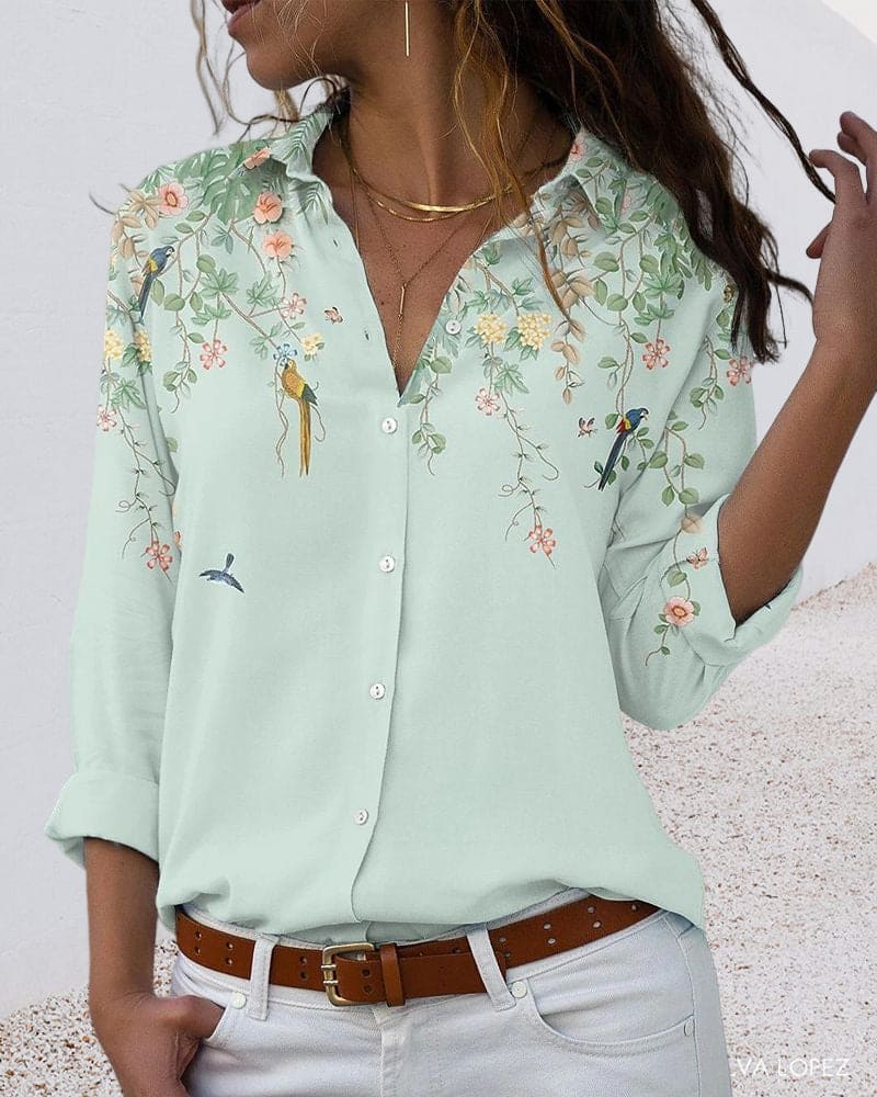 Floral Blouse - Long Sleeve - Collared - Button-Up Shirt - Women's Shirt-Fashion Nora