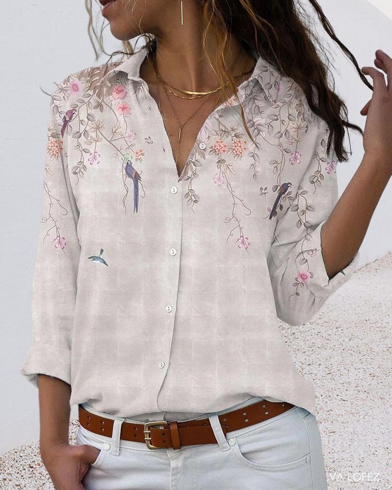Floral Blouse - Long Sleeve - Collared - Button-Up Shirt - Women's Shirt-Fashion Nora