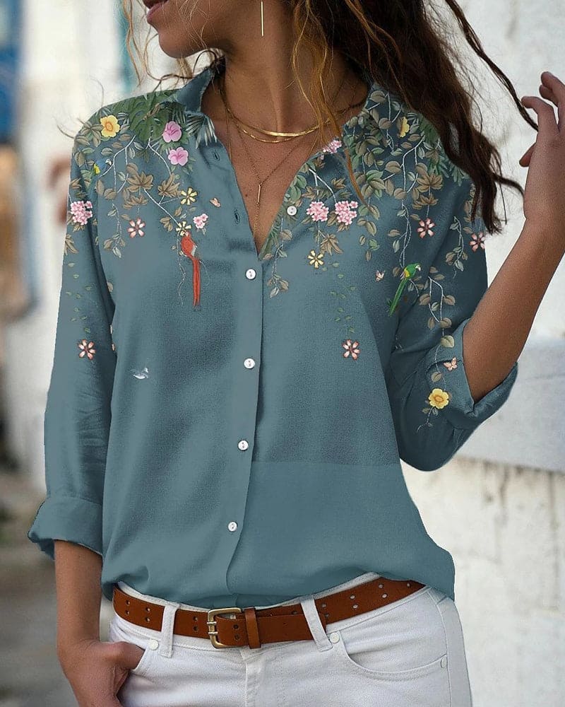 Floral Blouse - Long Sleeve - Collared - Button-Up Shirt - Women's Shirt-Fashion Nora