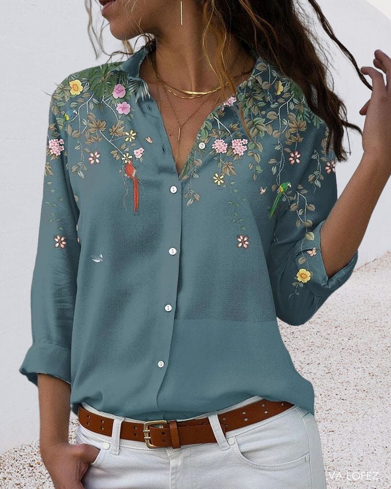 Floral Blouse - Long Sleeve - Collared - Button-Up Shirt - Women's Shirt-Fashion Nora