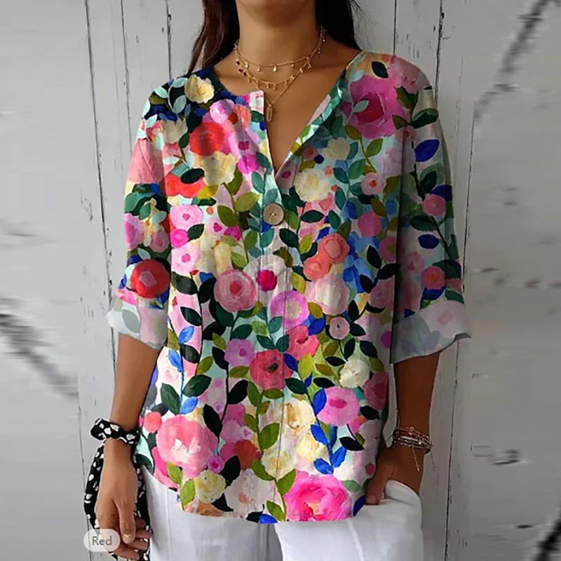 Floral Blouse - Women's Casual Printed Loose Fit Button-Up Shirt-Fashion Nora