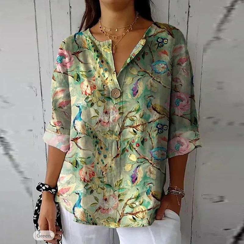Floral Blouse - Women's Casual Printed Loose Fit Button-Up Shirt-Fashion Nora