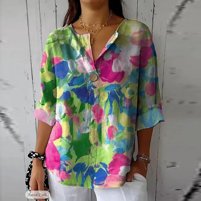Floral Blouse - Women's Casual Printed Loose Fit Button-Up Shirt-Fashion Nora