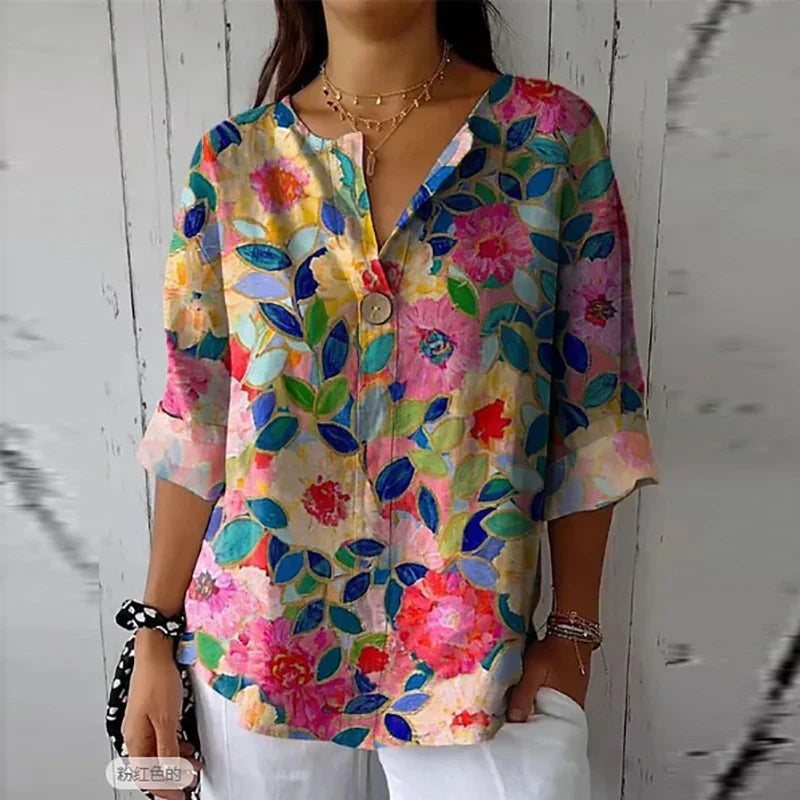 Floral Blouse - Women's Casual Printed Loose Fit Button-Up Shirt-Fashion Nora