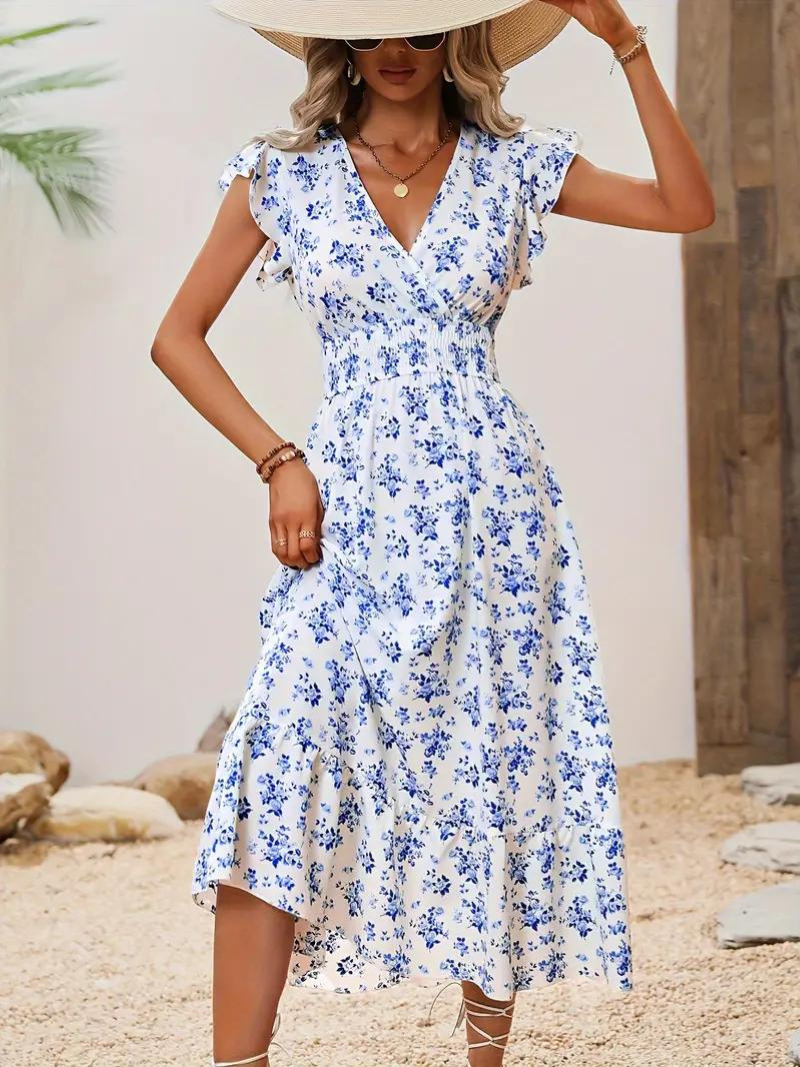 Floral Dress - Midi - Shirred Waist - Summer Dress - Sundresses-Fashion Nora