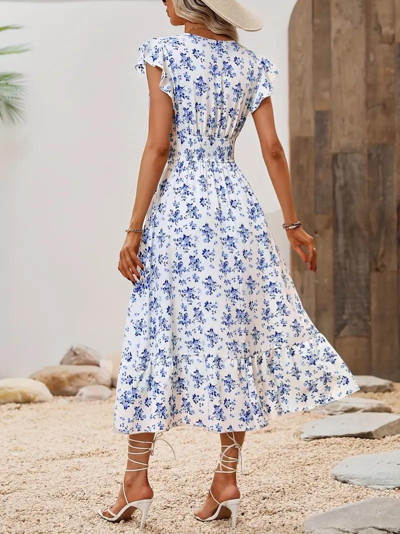 Floral Dress - Midi - Shirred Waist - Summer Dress - Sundresses-Fashion Nora