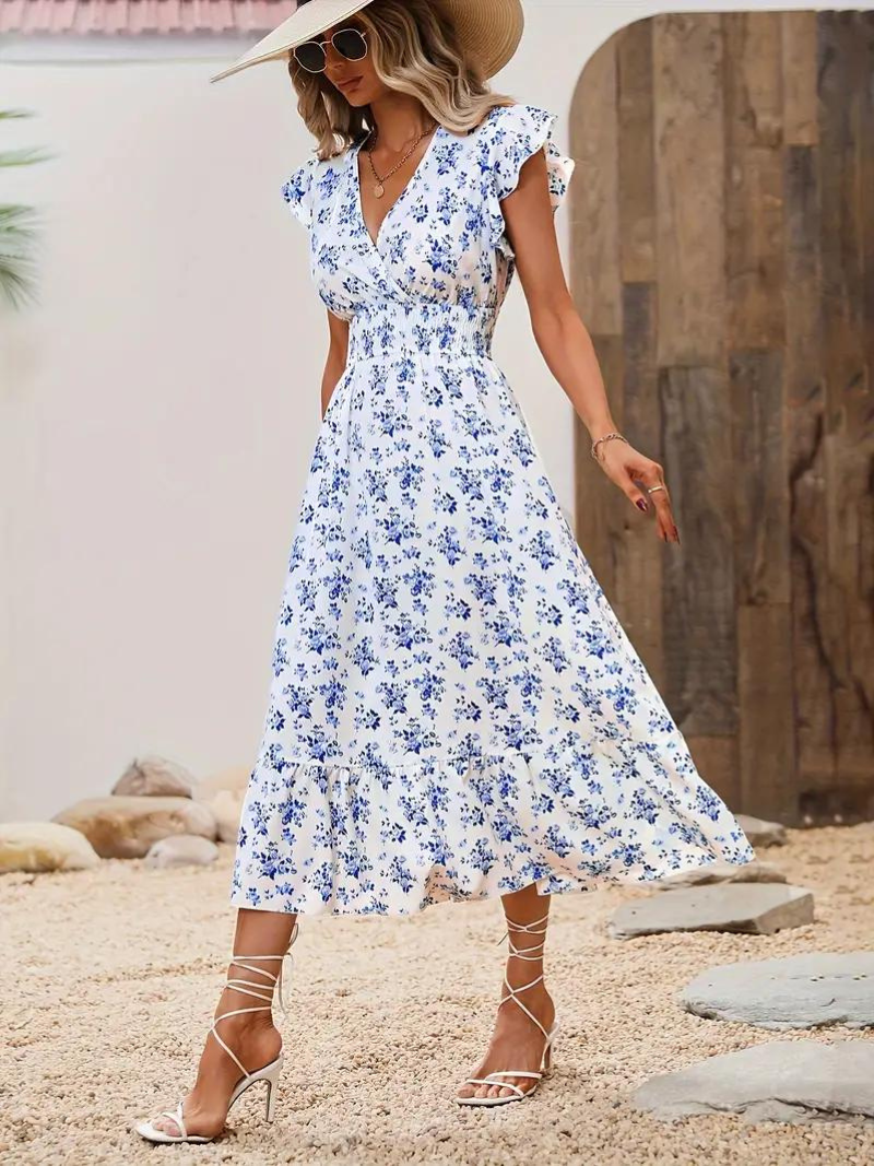 Floral Dress Midi Shirred Waist Summer Dress Sundresses Fashion Nora