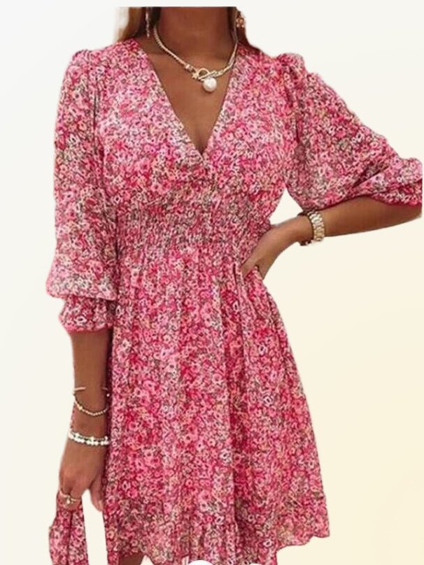 Floral Dress - V-Neck - Shirred Waist - Mini Dress - Summer Dress-Fashion Nora