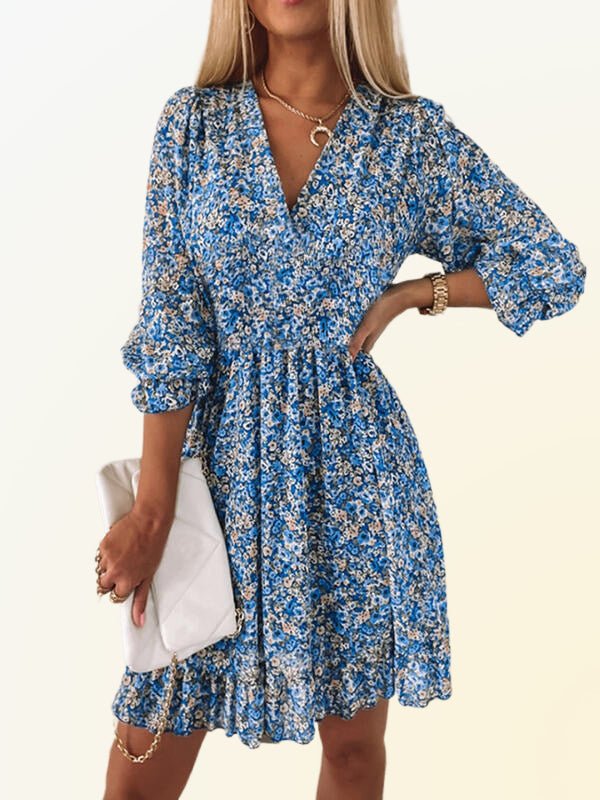 Floral Dress - V-Neck - Shirred Waist - Mini Dress - Summer Dress-Fashion Nora