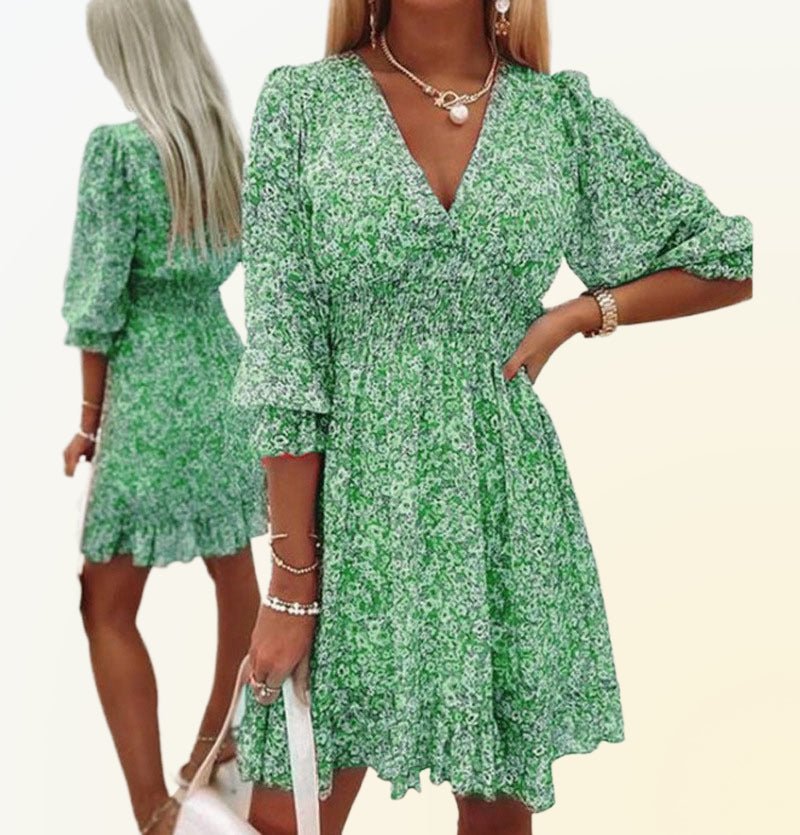 Floral Dress - V-Neck - Shirred Waist - Mini Dress - Summer Dress-Fashion Nora