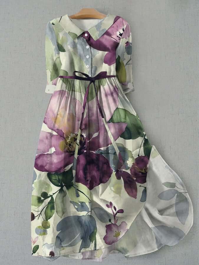 Floral Dress - Women's Collared Vintage Maxi Sundress-Fashion Nora