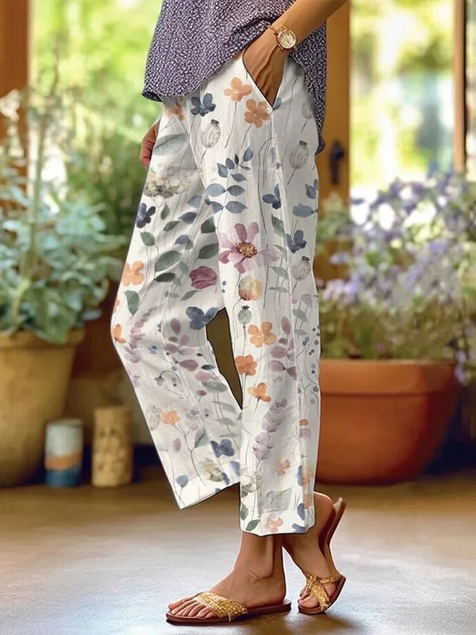 Floral Pants | Loose Fit | Linen | Straight Leg Pants | Women's Pants-Fashion Nora