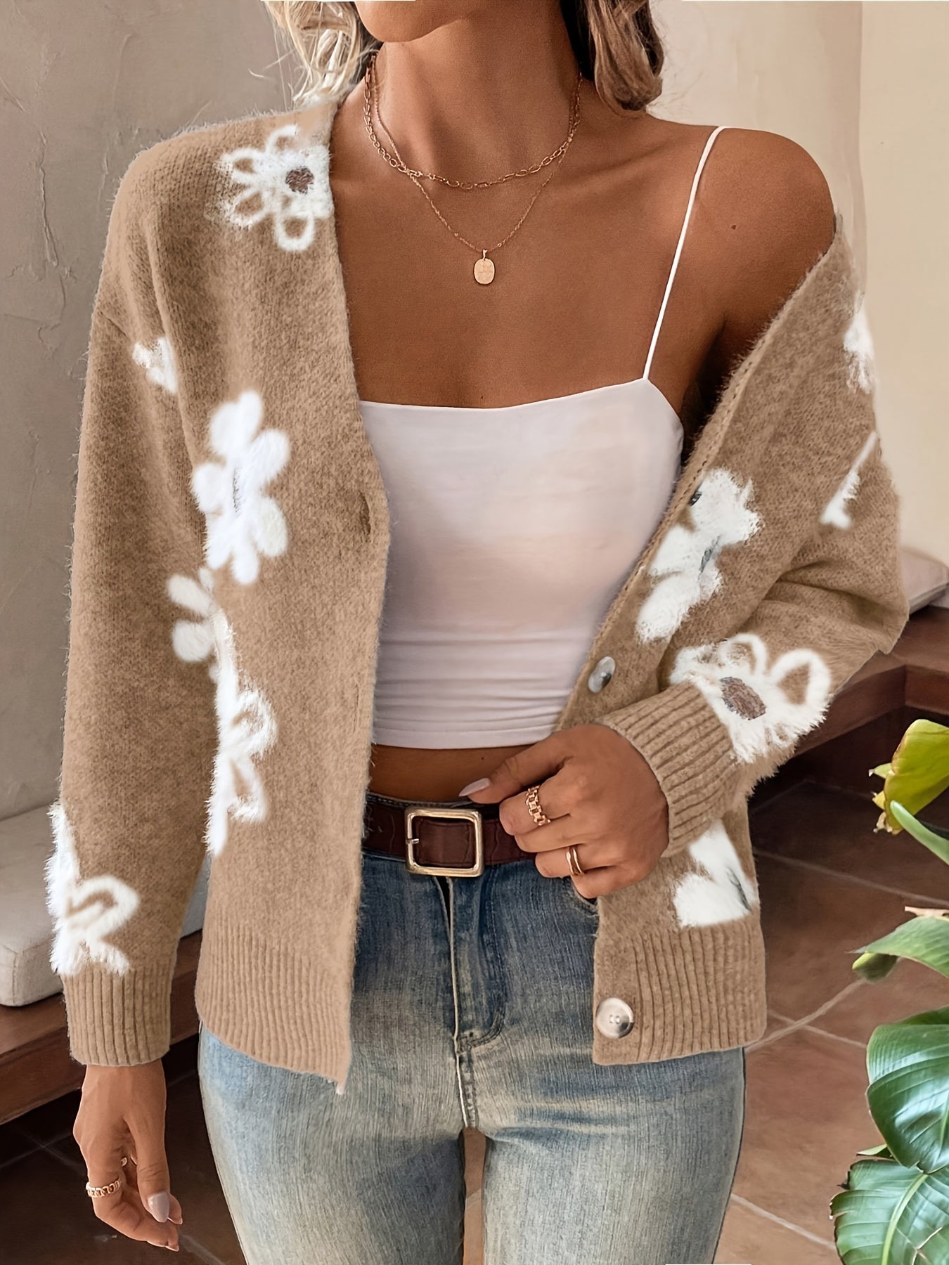 Flower Cardigan | V-Neck | Button-Up | Knit Cardigan | Women's Knitwear -Fashion Nora