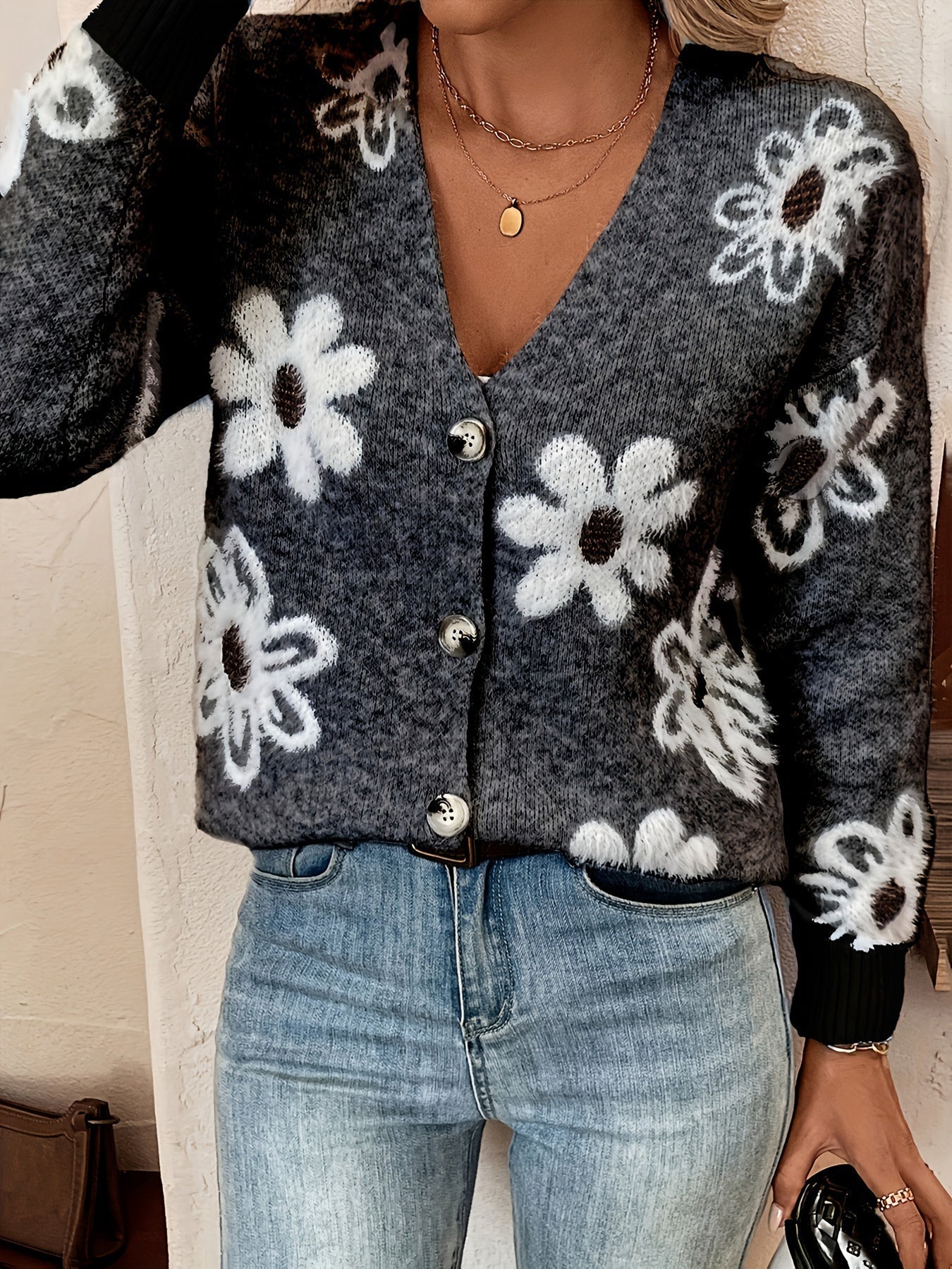 Flower Cardigan | V-Neck | Button-Up | Knit Cardigan | Women's Knitwear -Fashion Nora