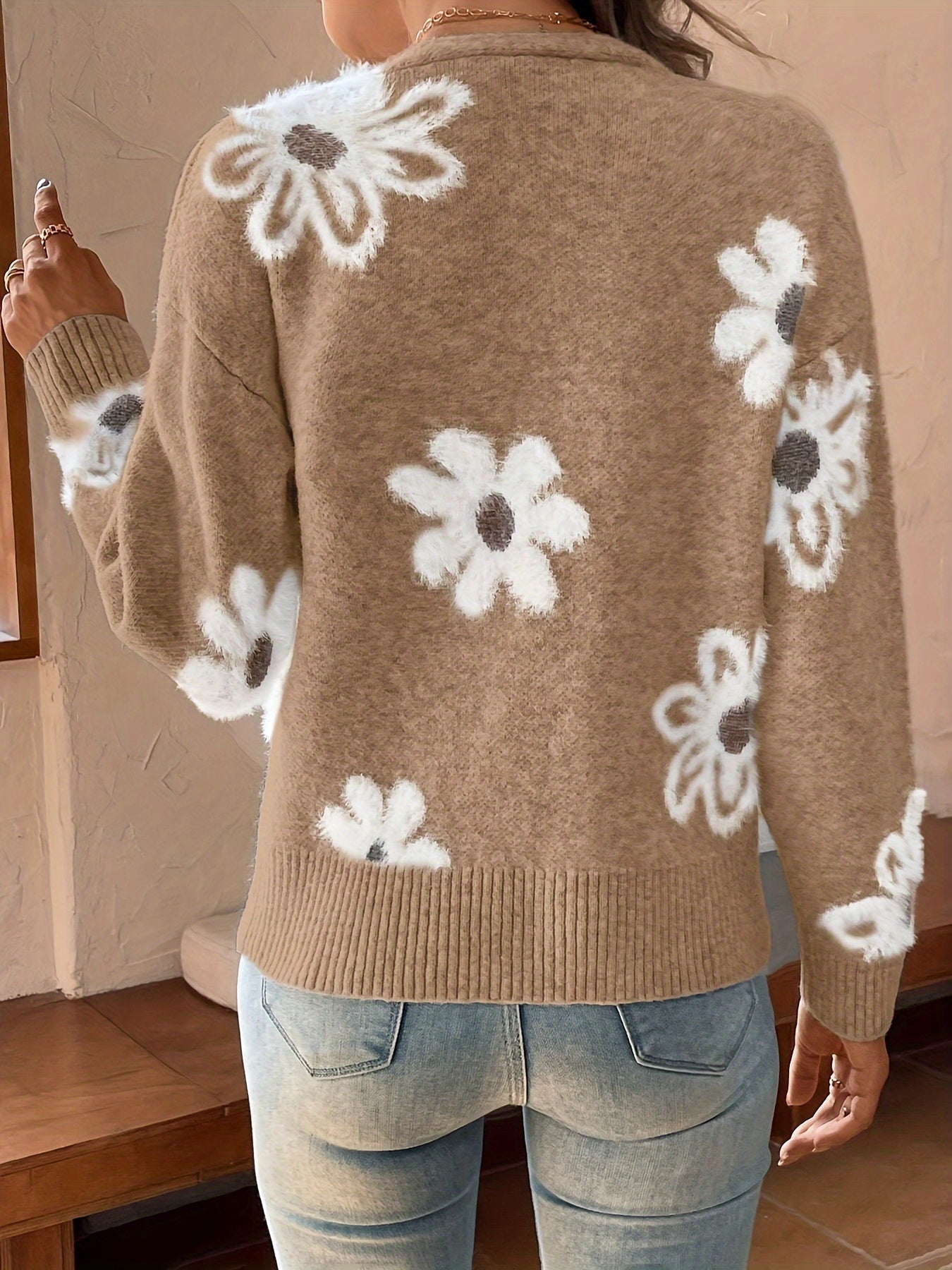 Flower Cardigan | V-Neck | Button-Up | Knit Cardigan | Women's Knitwear -Fashion Nora