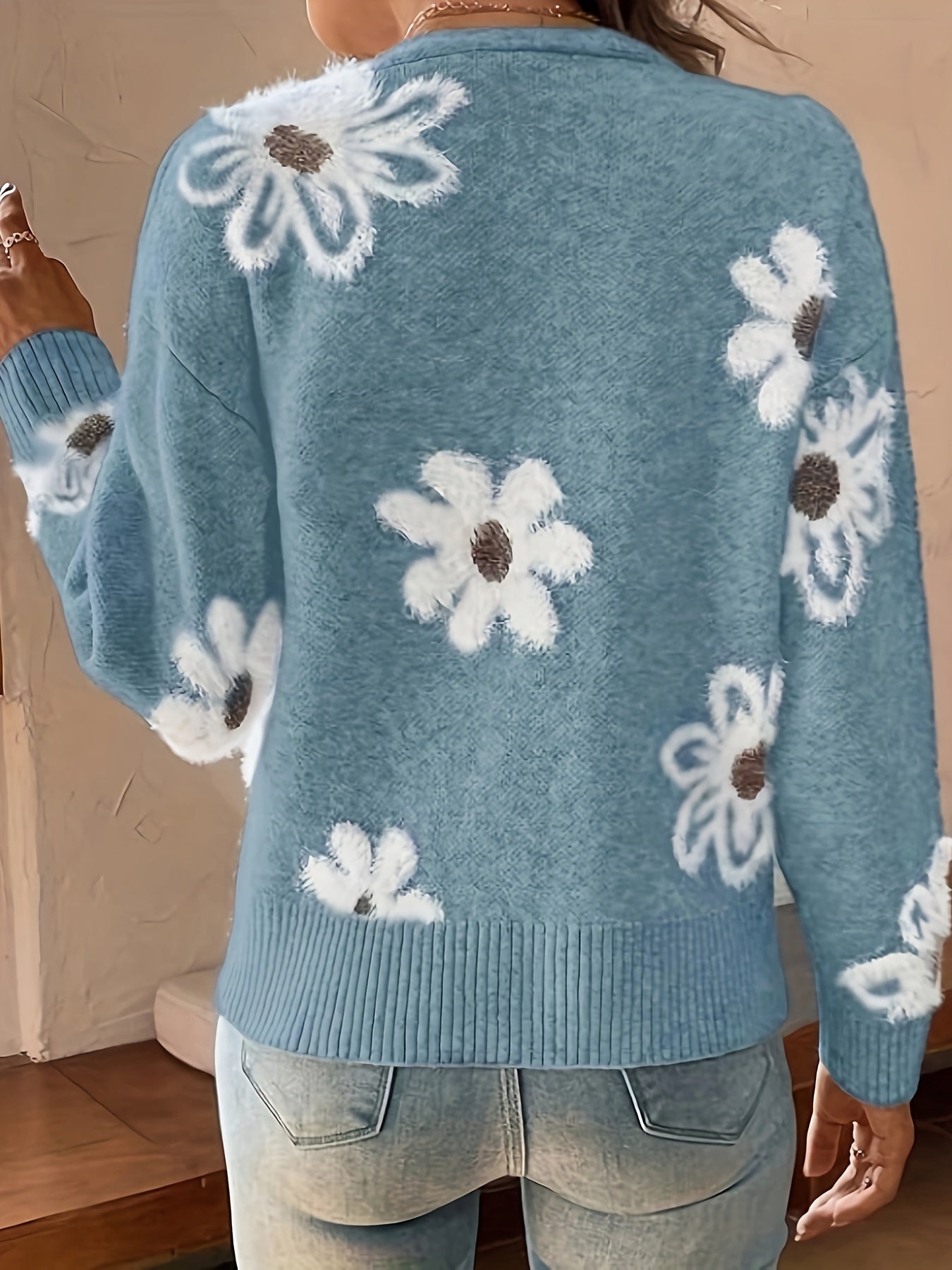 Flower Cardigan | V-Neck | Button-Up | Knit Cardigan | Women's Knitwear -Fashion Nora
