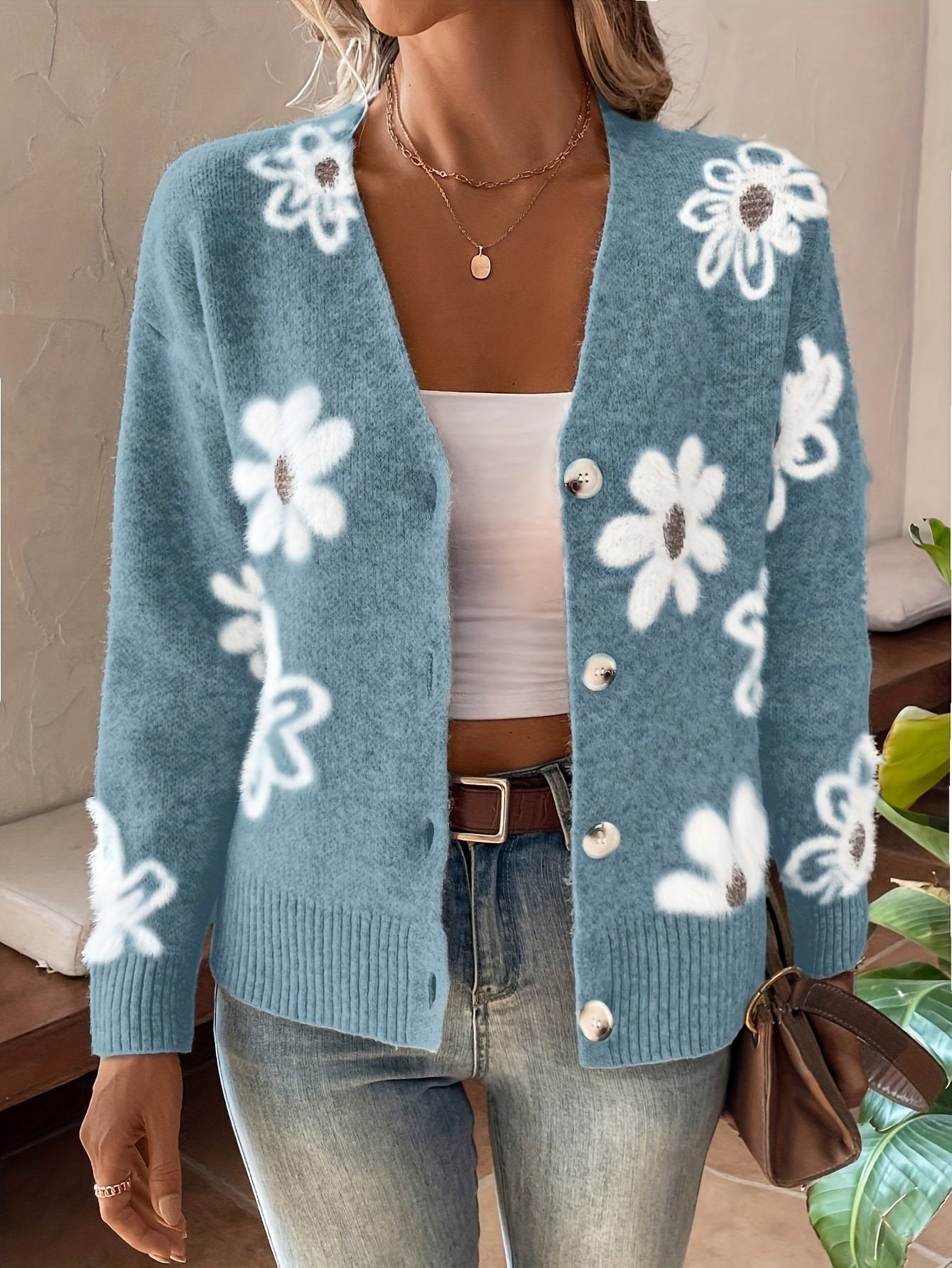 Flower Cardigan | V-Neck | Button-Up | Knit Cardigan | Women's Knitwear -Fashion Nora