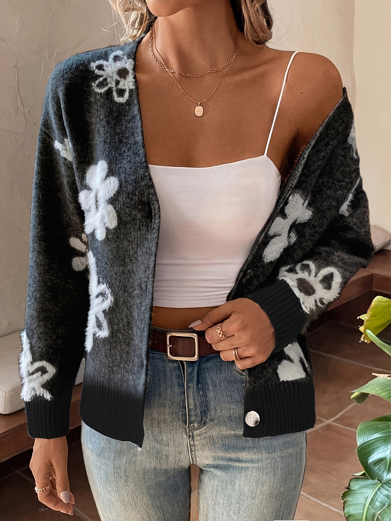 Flower Cardigan | V-Neck | Button-Up | Knit Cardigan | Women's Knitwear -Fashion Nora