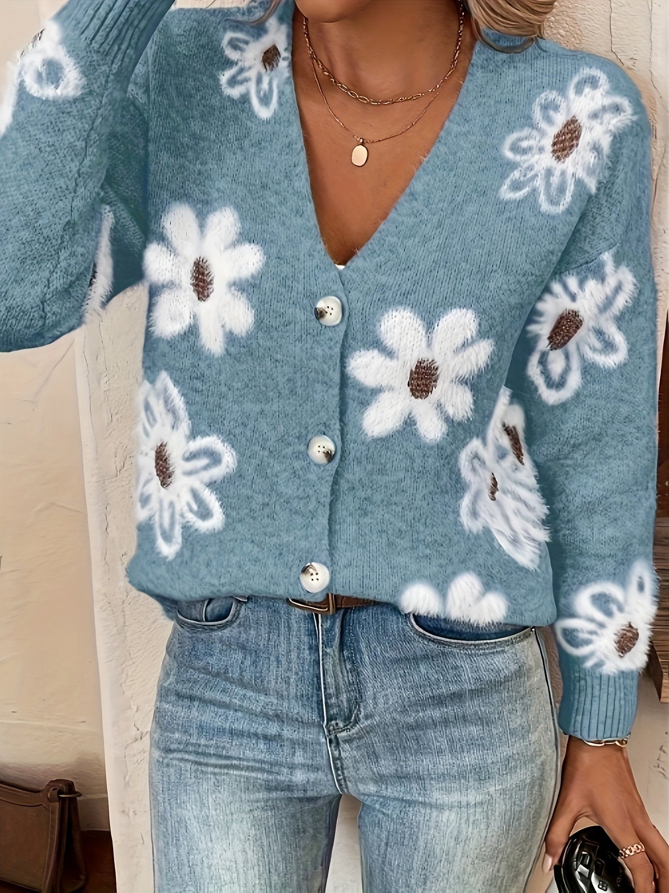 Flower Cardigan | V-Neck | Button-Up | Knit Cardigan | Women's Knitwear -Fashion Nora
