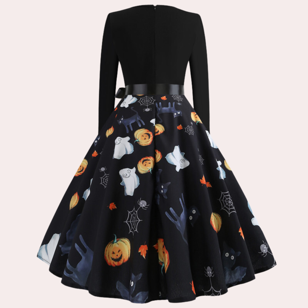 Halloween Dress | Pumpkin Print | Long Sleeve | Fit and Flare Dress | Women's Dress-Fashion Nora