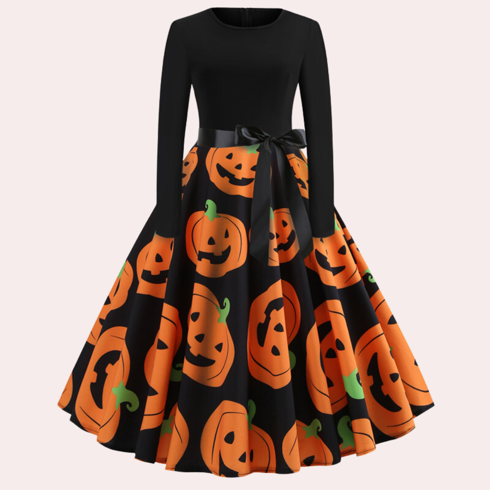 Halloween Dress | Pumpkin Print | Long Sleeve | Fit and Flare Dress | Women's Dress-Fashion Nora