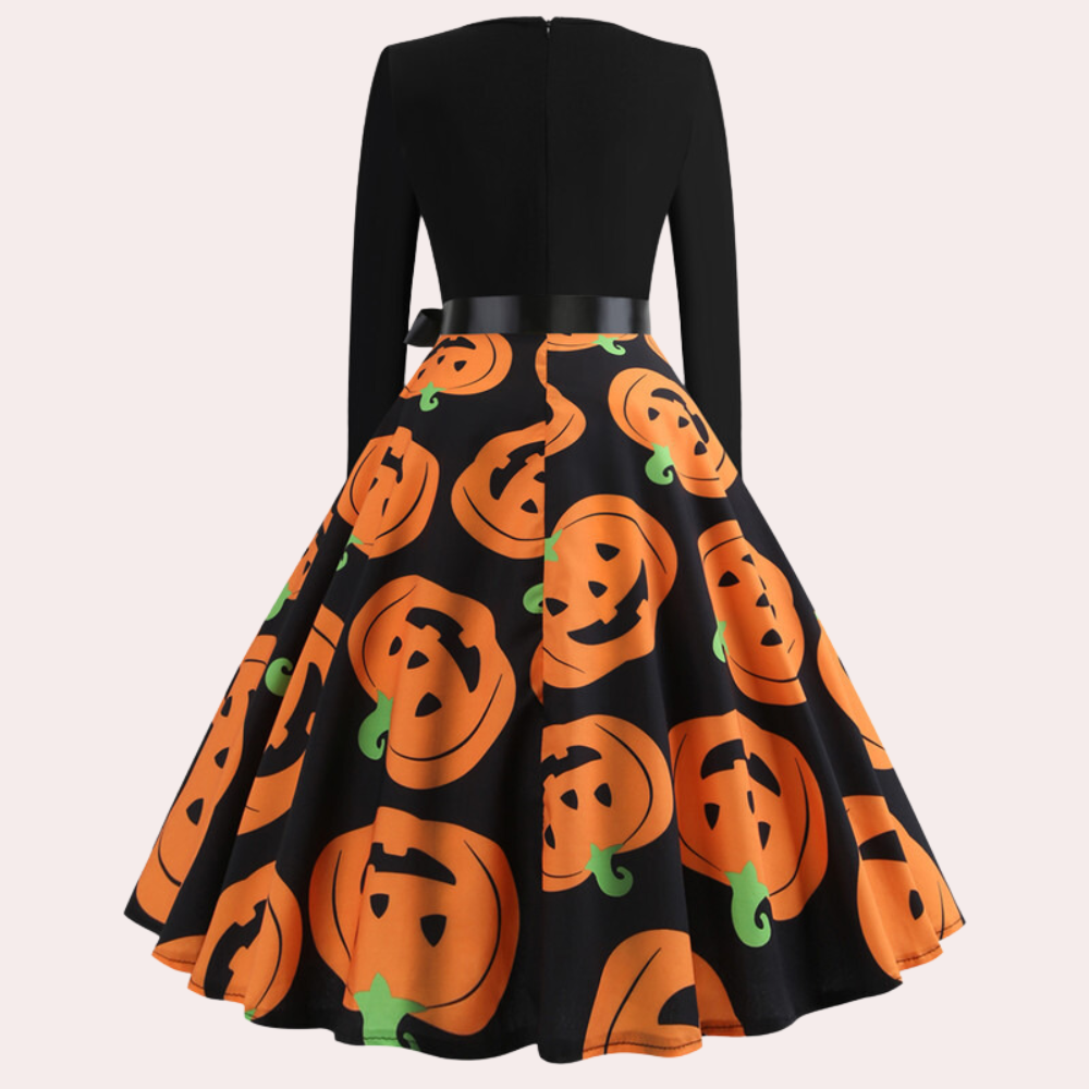 Halloween Dress | Pumpkin Print | Long Sleeve | Fit and Flare Dress | Women's Dress-Fashion Nora