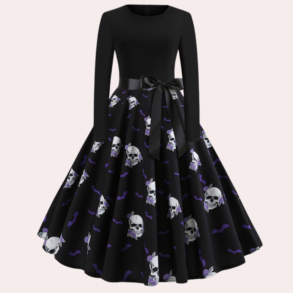 Halloween Dress | Pumpkin Print | Long Sleeve | Fit and Flare Dress | Women's Dress-Fashion Nora
