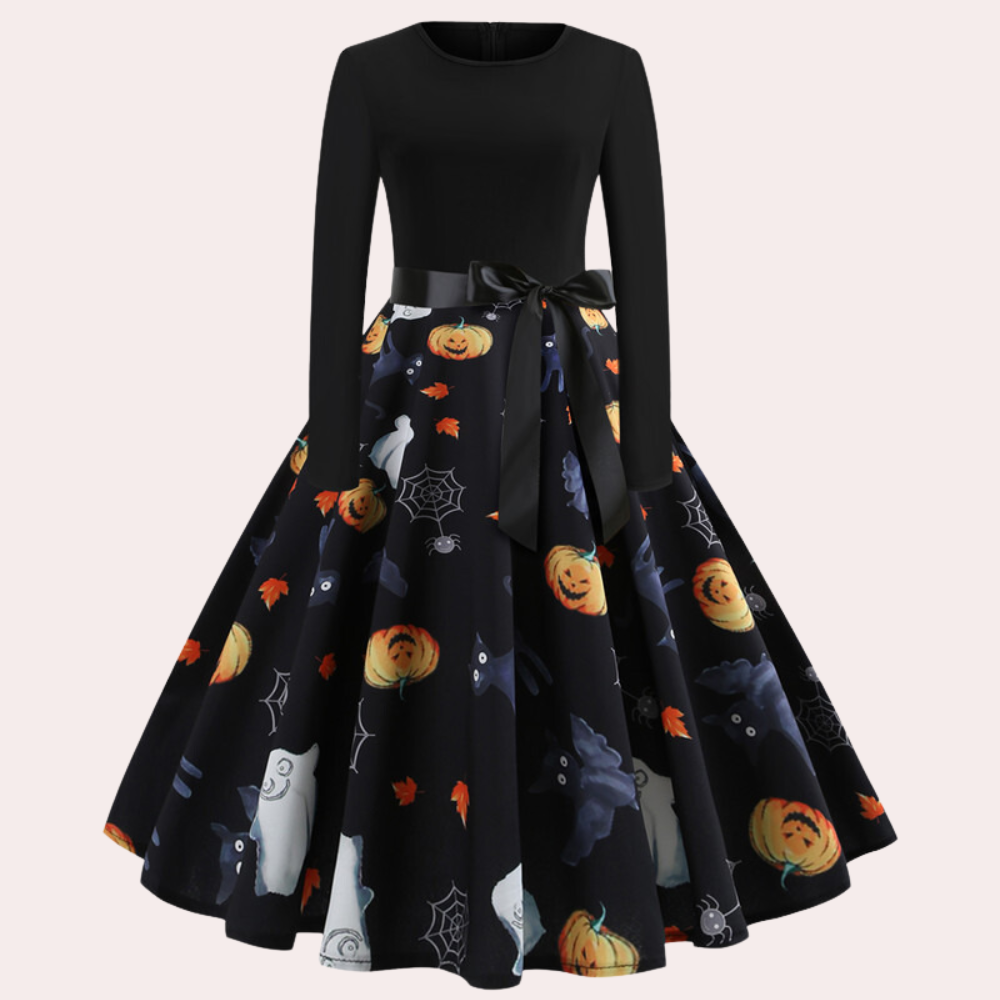 Halloween Dress | Pumpkin Print | Long Sleeve | Fit and Flare Dress | Women's Dress-Fashion Nora