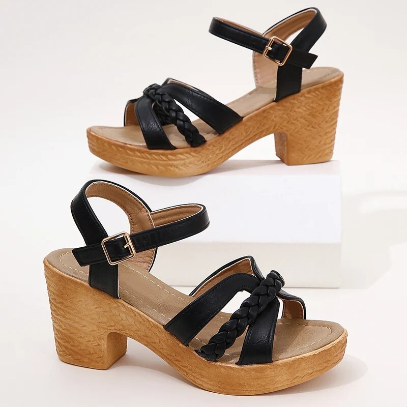 Heeled Sandals - Women's Open Toe Ankle Strap Platform Sandals-Fashion Nora