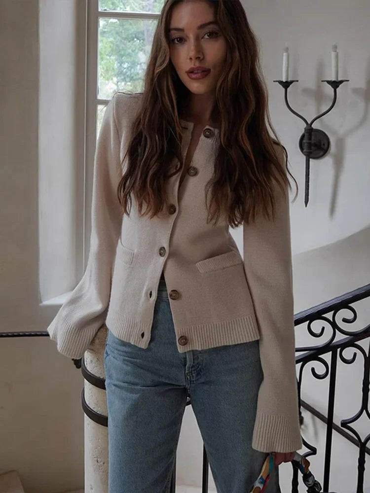 Knit Cardigan | Long Sleeve | Pockets | Button-Up Cardigan | Women's Clothing-Fashion Nora