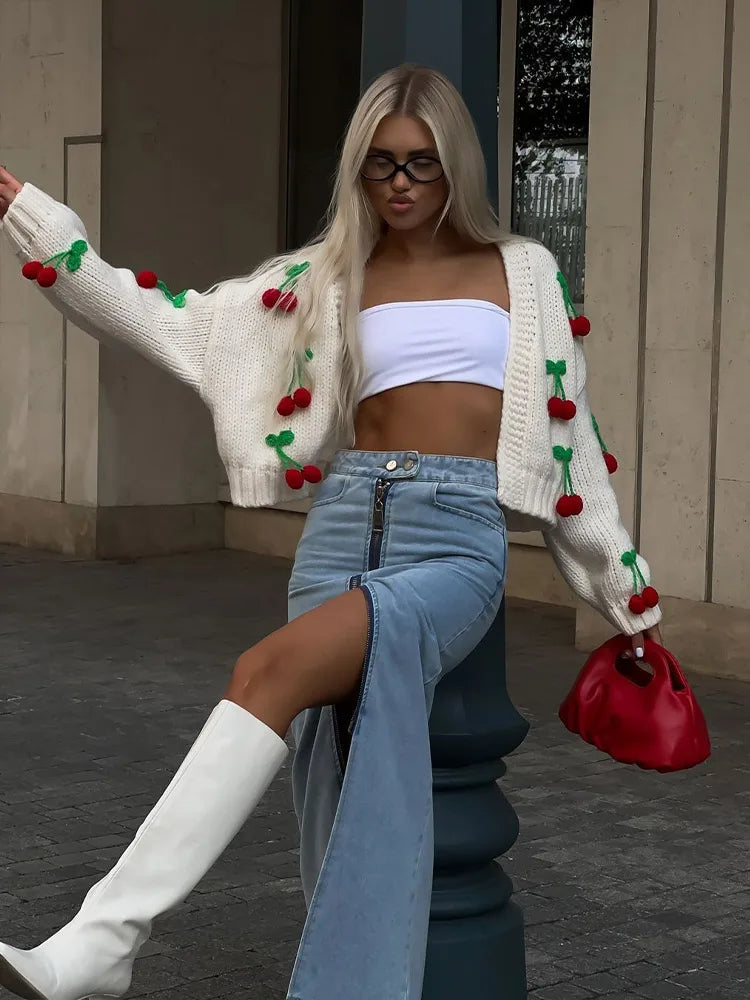 Knit Cardigan - Open - Cherry - Chunky Cardigan - Women's Clothing-Fashion Nora