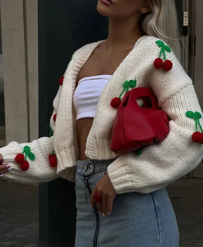 Knit Cardigan - Open - Cherry - Chunky Cardigan - Women's Clothing-Fashion Nora