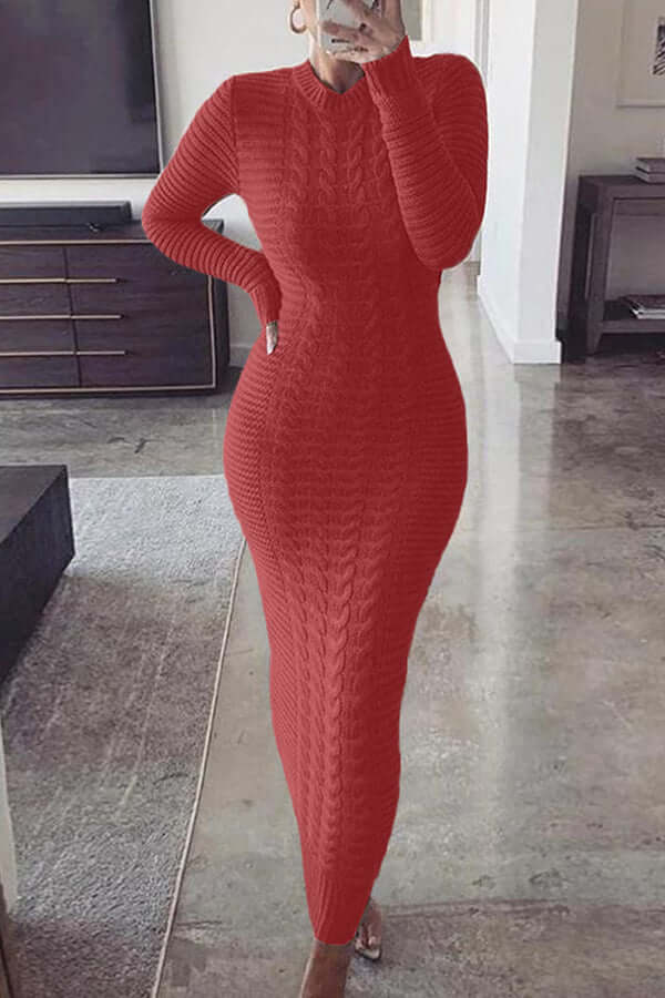 Knit Maxi Dress - Long Sleeve - Bodycon - Jumper Maxi Dress - Women's Knitwear-Fashion Nora