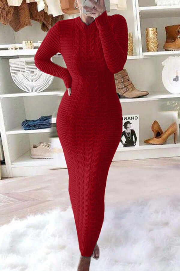 Knit Maxi Dress - Long Sleeve - Bodycon - Jumper Maxi Dress - Women's Knitwear-Fashion Nora