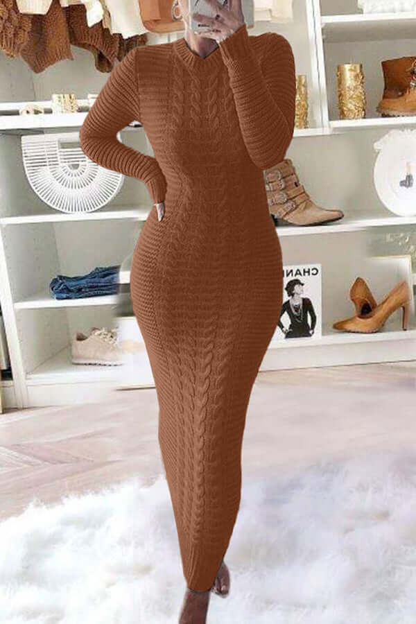 Knit Maxi Dress - Long Sleeve - Bodycon - Jumper Maxi Dress - Women's Knitwear-Fashion Nora