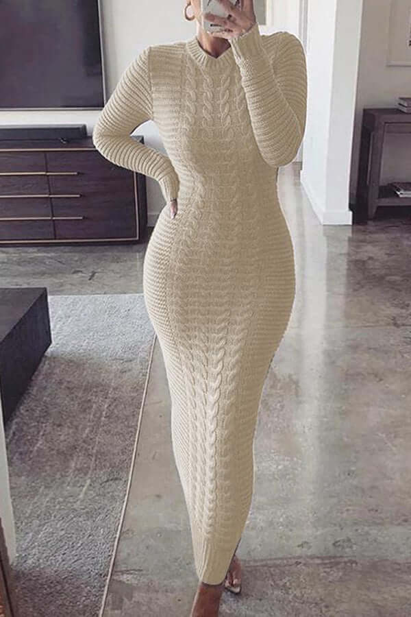 Knit Maxi Dress - Long Sleeve - Bodycon - Jumper Maxi Dress - Women's Knitwear-Fashion Nora